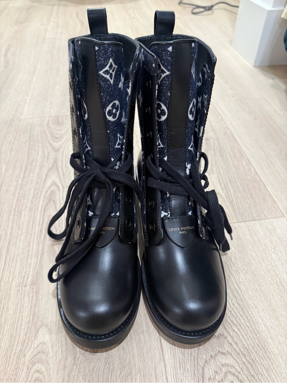 Louis Vuitton Black, White, and Navy Monogram Lace-Up Boots